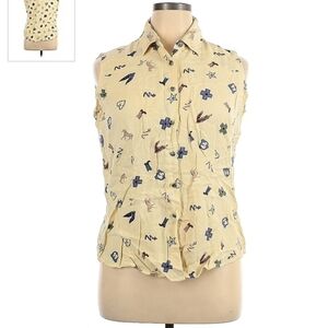 Adobe Rose Sleeveless Button Collared Shirt Women's 1X Cream Western Pattern